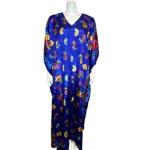 Vintage Bobbie Brooks Floral Caftan Kaftan Dress V Neck Blue Womens One Size